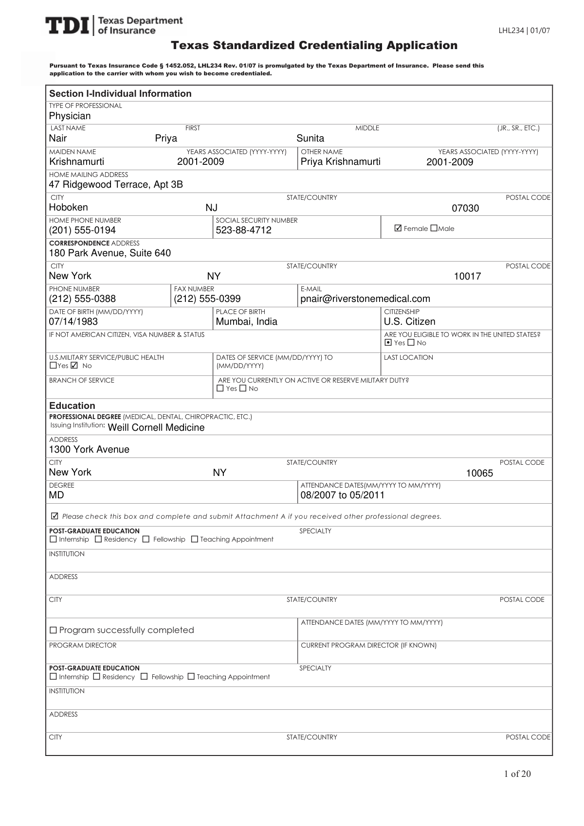Completed Healthcare Professional Credentialing Application for an Internal Medicine physician joining a group practice