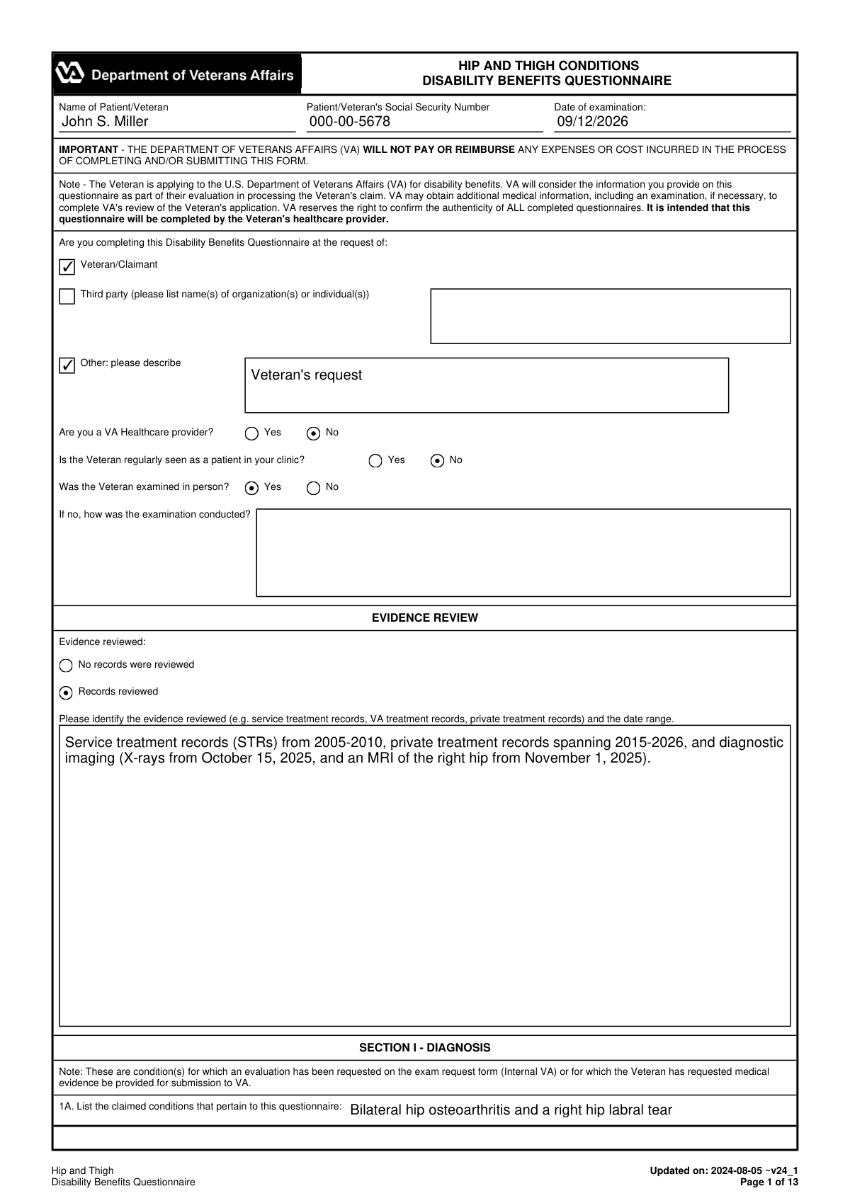 Completed Hip and Thigh Conditions Disability Benefits Questionnaire for a veteran with osteoarthritis and a labral tear
