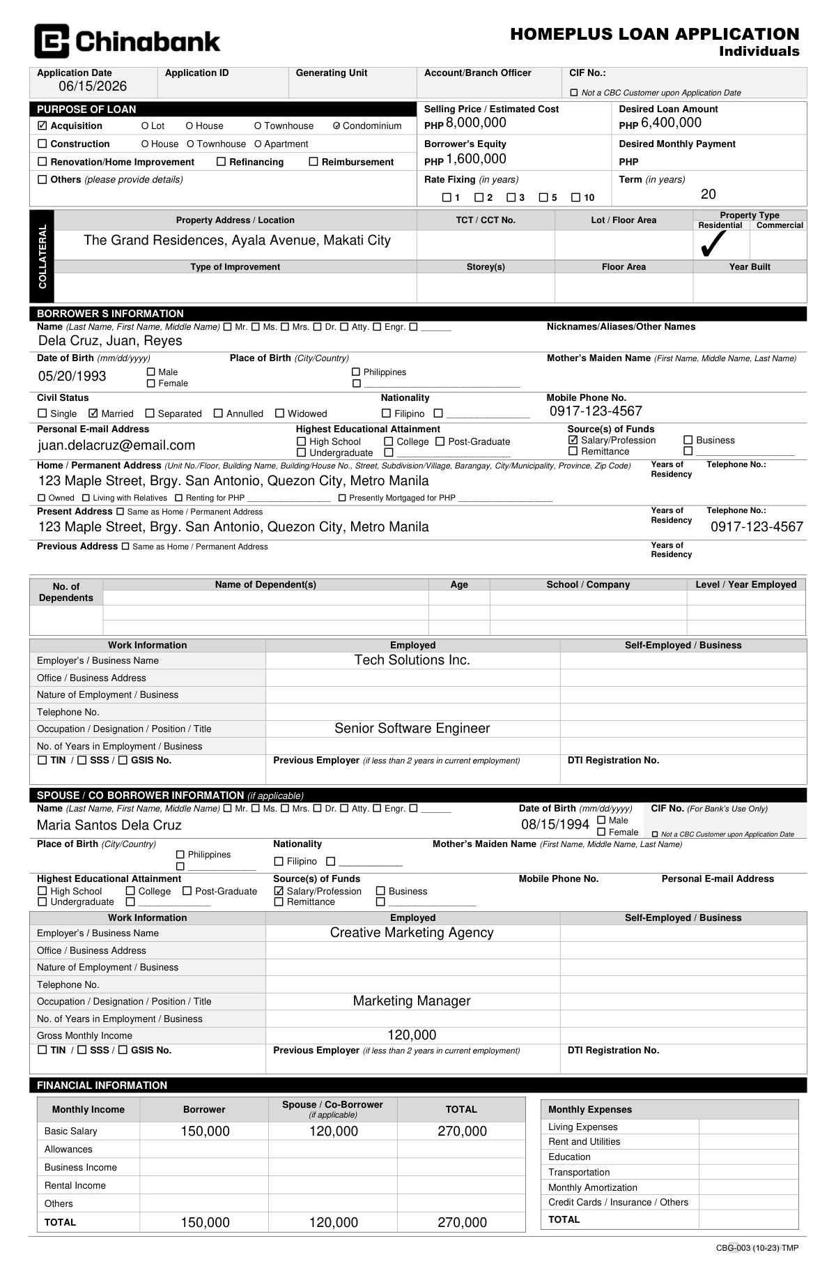 Completed HomePlus Loan Application (Individuals) – China Banking Corporation (CBC) form for a married couple.