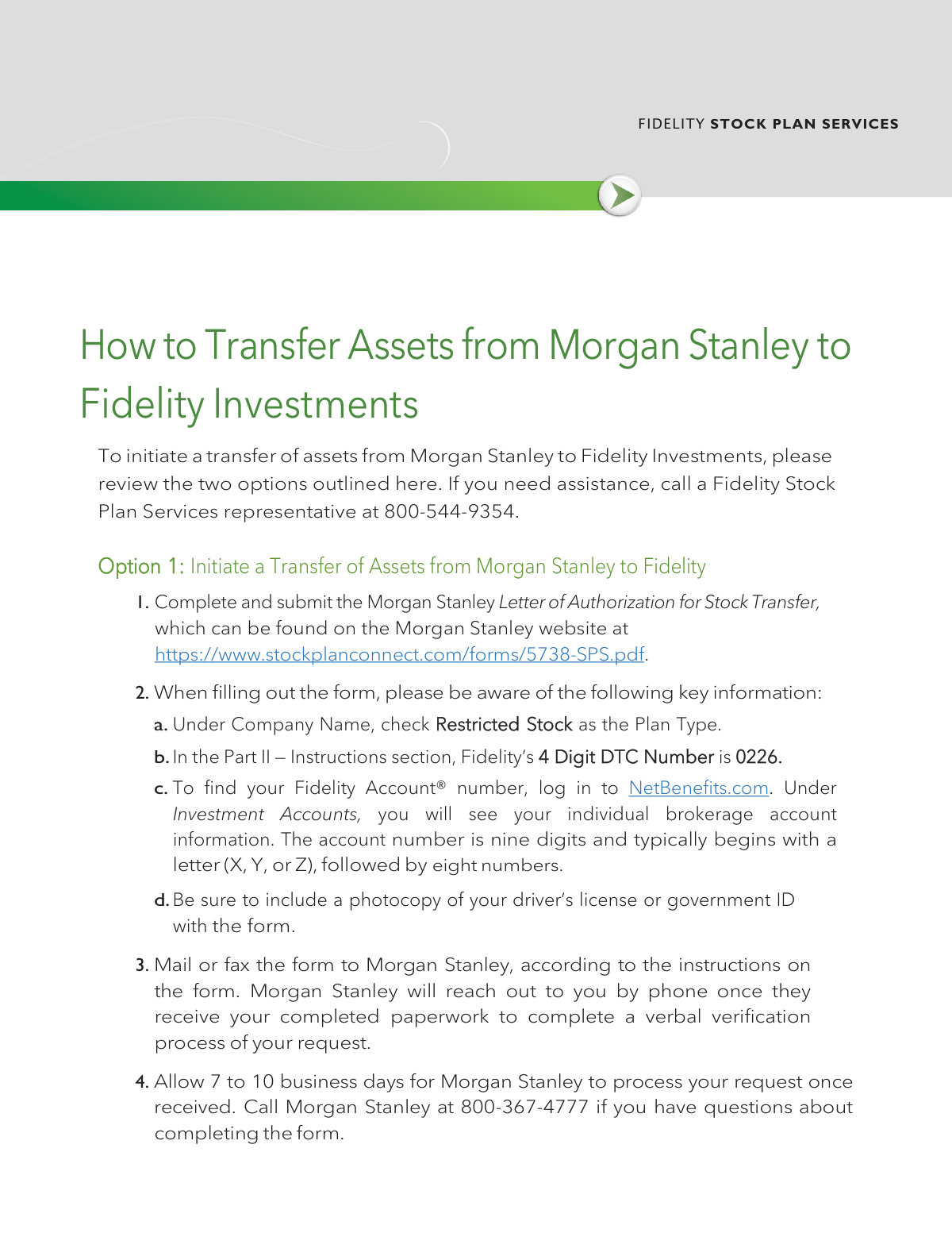 Completed Fidelity Stock Plan Services transfer request form moving assets from Morgan Stanley to Fidelity Investments