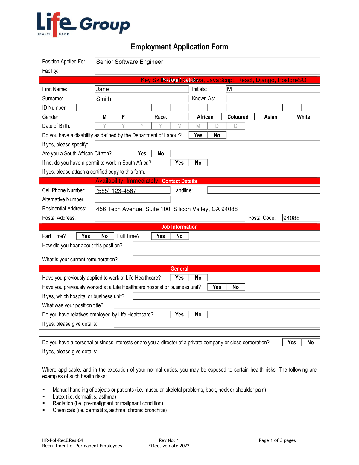 Completed HR-Pol-Rec&Res-04 Employment Application Form sample for a Senior Software Engineer position.
