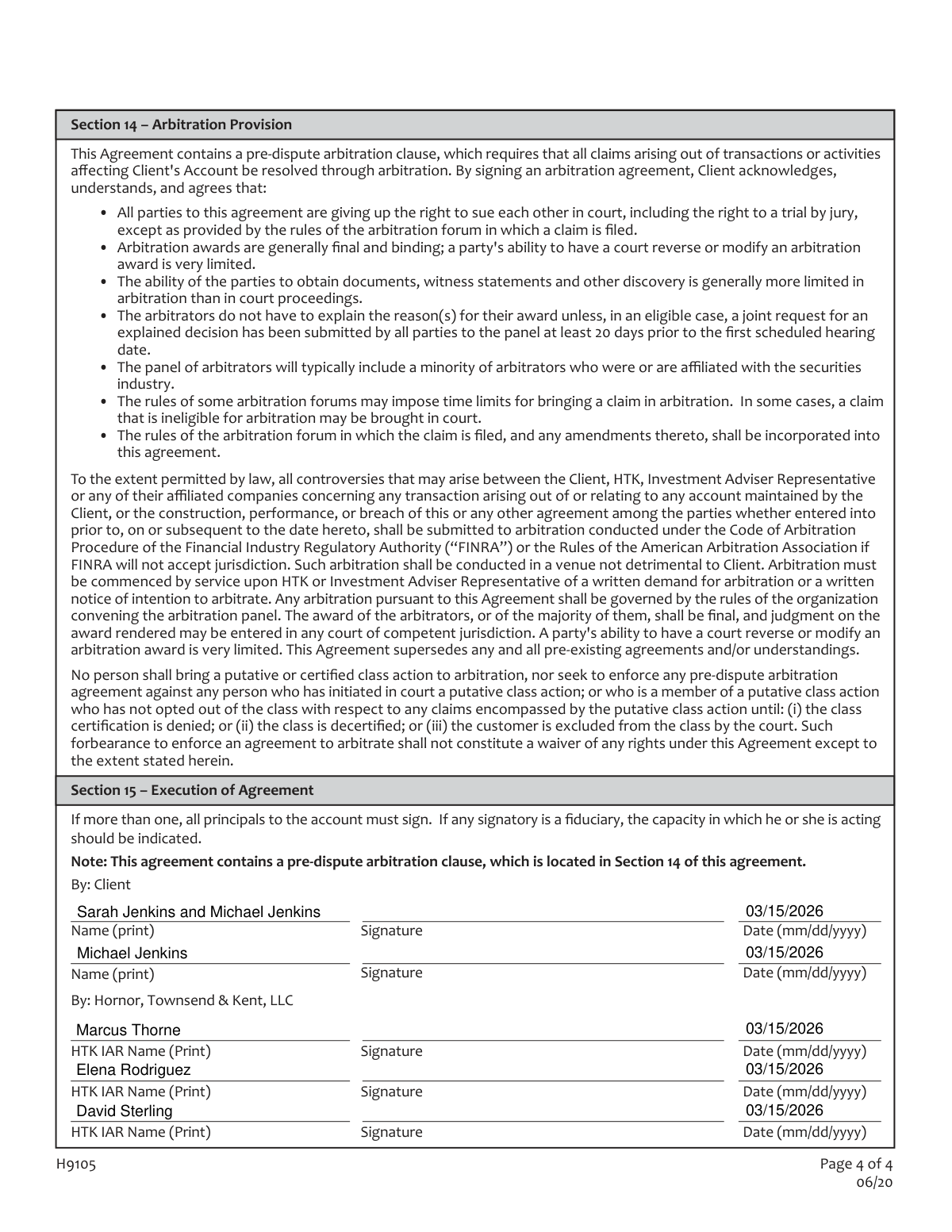 Completed HTK Investment Advisory Agreement form showing extracted client and IAR details.
