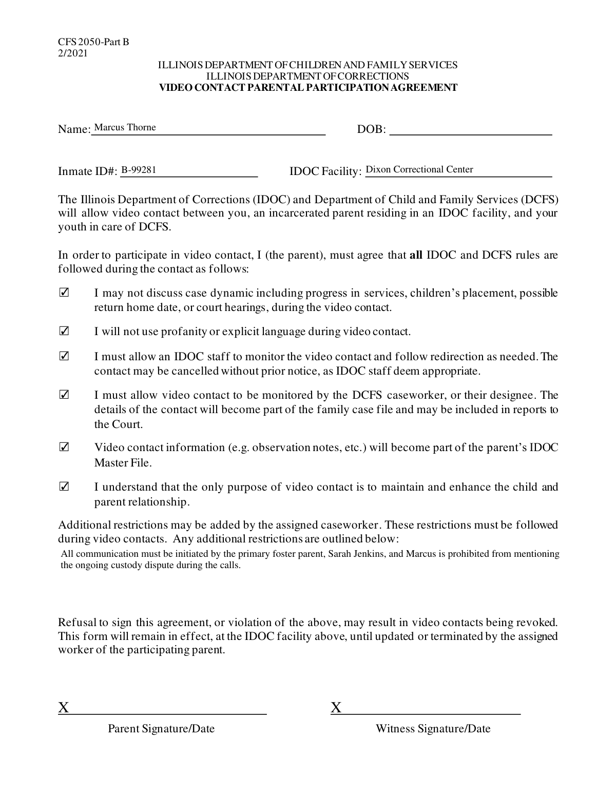 Completed IDOC/DCFS Incarcerated Parent Video Contact Agreement form