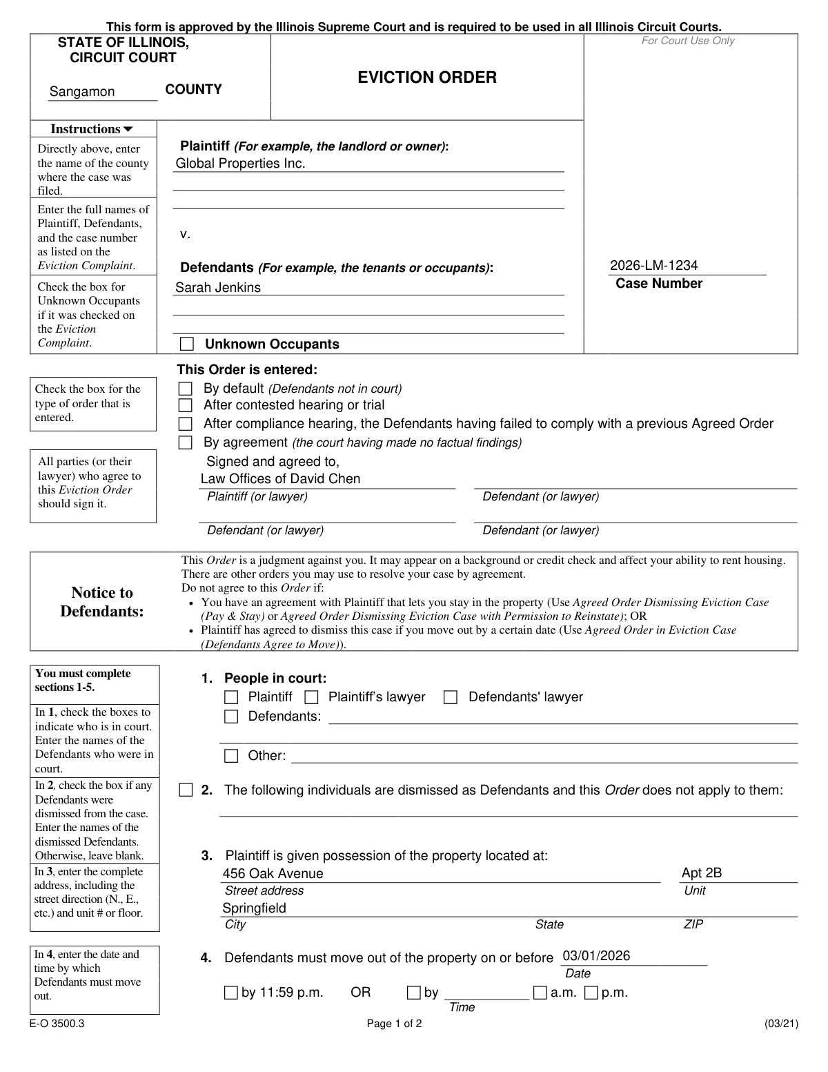 Completed sample of Illinois Supreme Court Approved Form E-O 3500.3, an Eviction Order for a residential non-payment case.