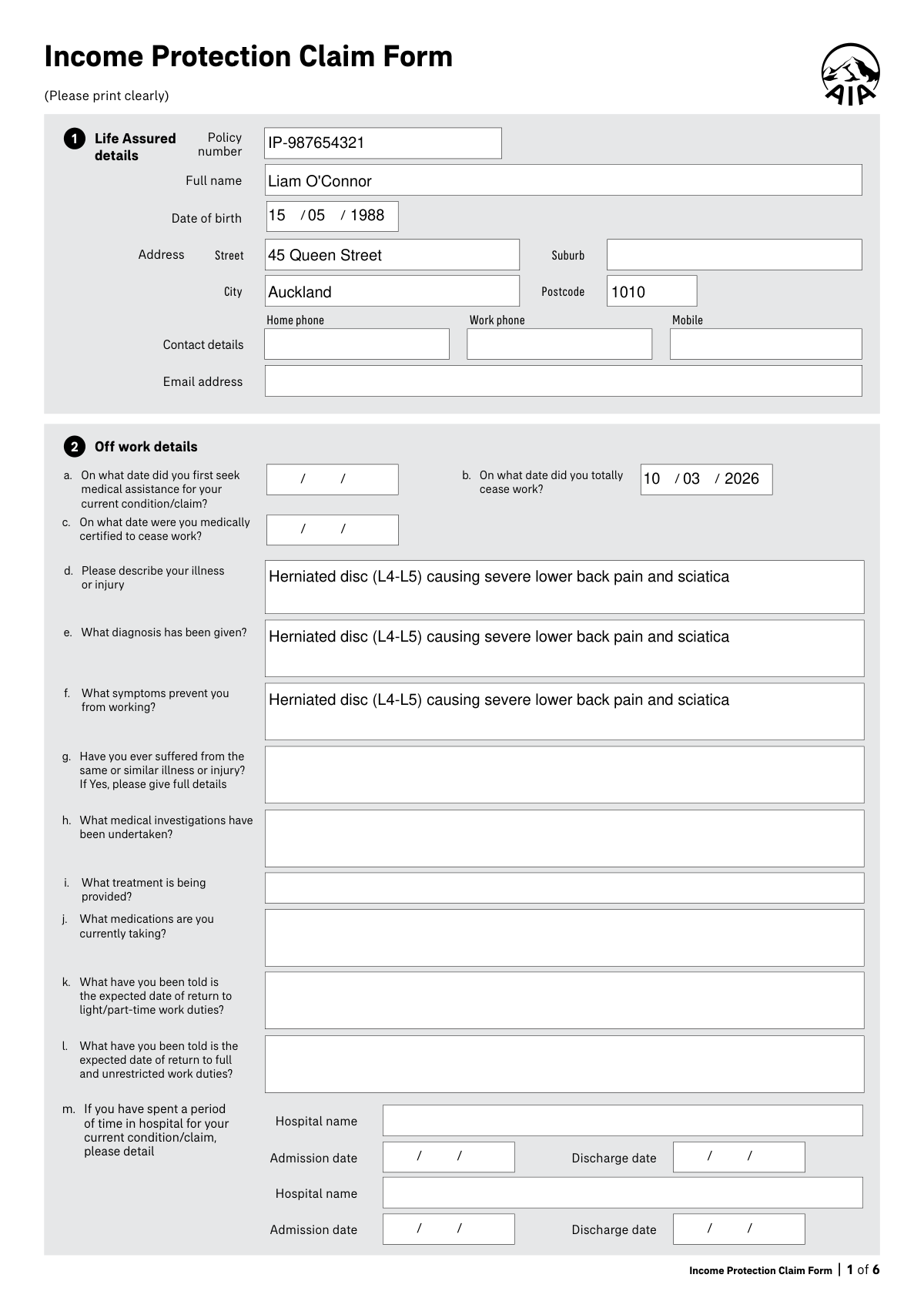 Completed AIA New Zealand Income Protection Claim Form for a back injury