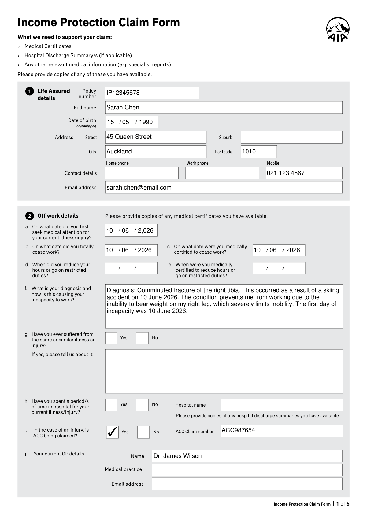 Completed AIA New Zealand Income Protection Claim Form for a claimant with a non-work related leg fracture.
