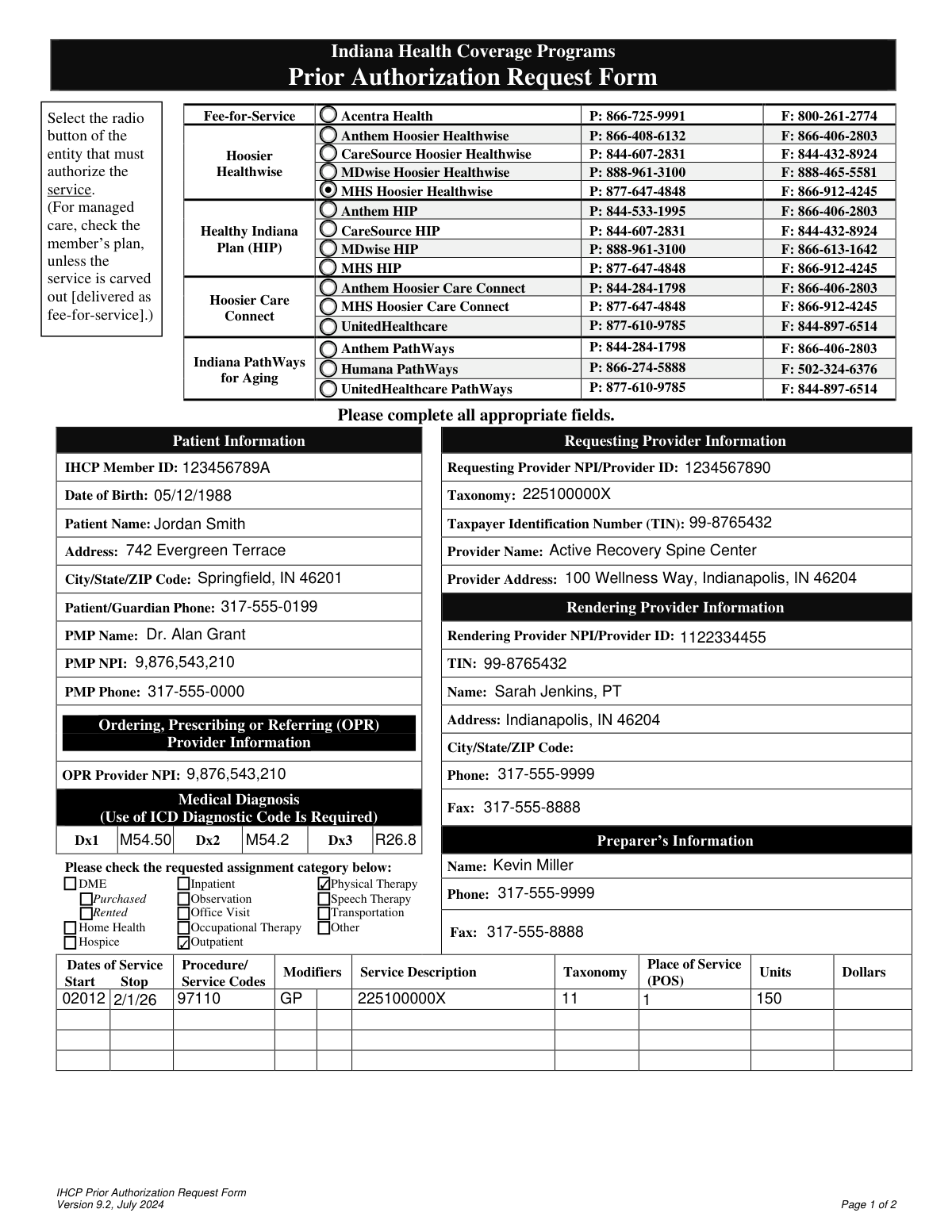 Completed Indiana Health Coverage Programs Prior Authorization Request Form for physical therapy