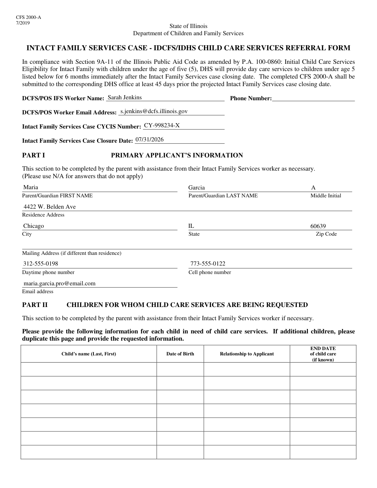 Example of a completed Intact Family Services Child Care Referral Form