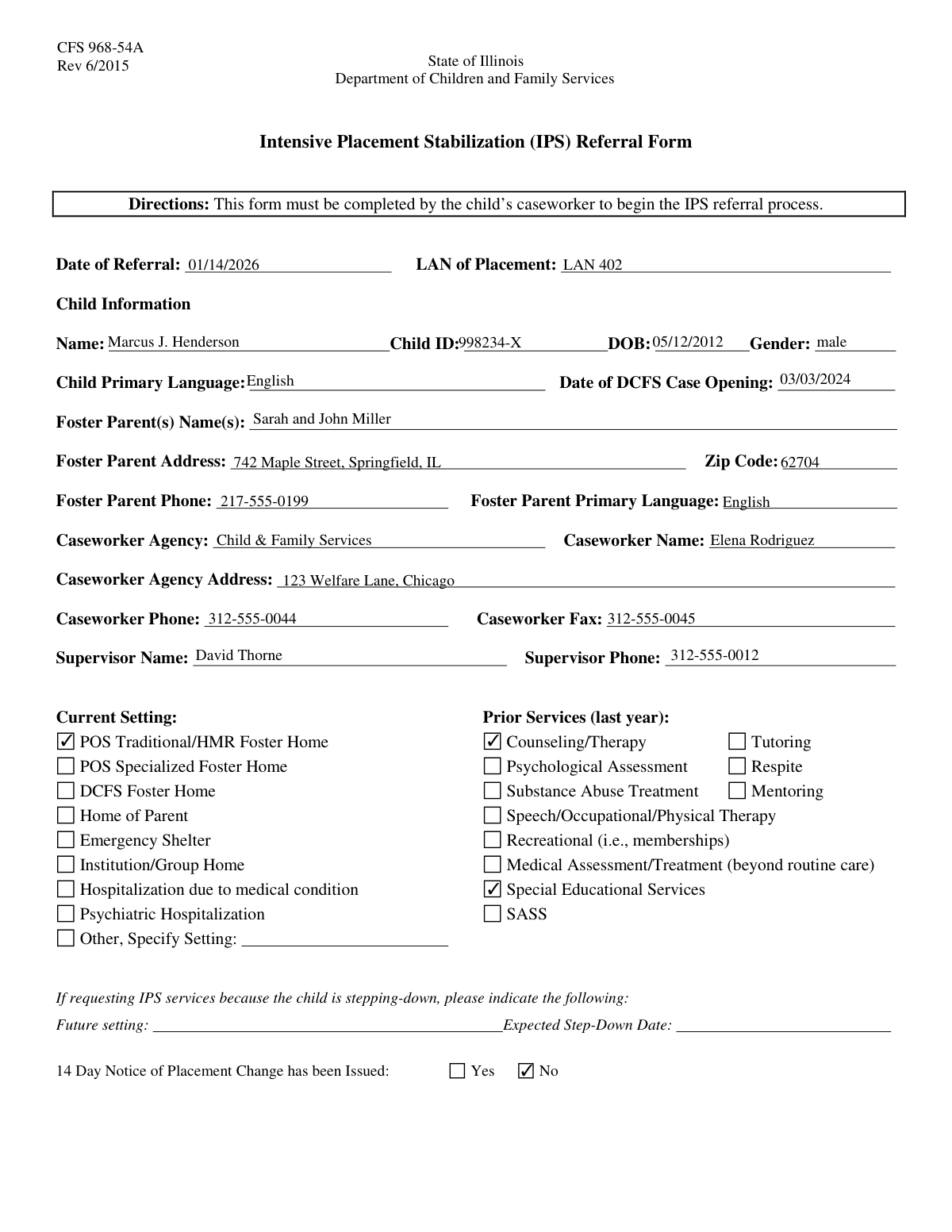 Filled IPS Referral Form showing extracted child and foster parent details