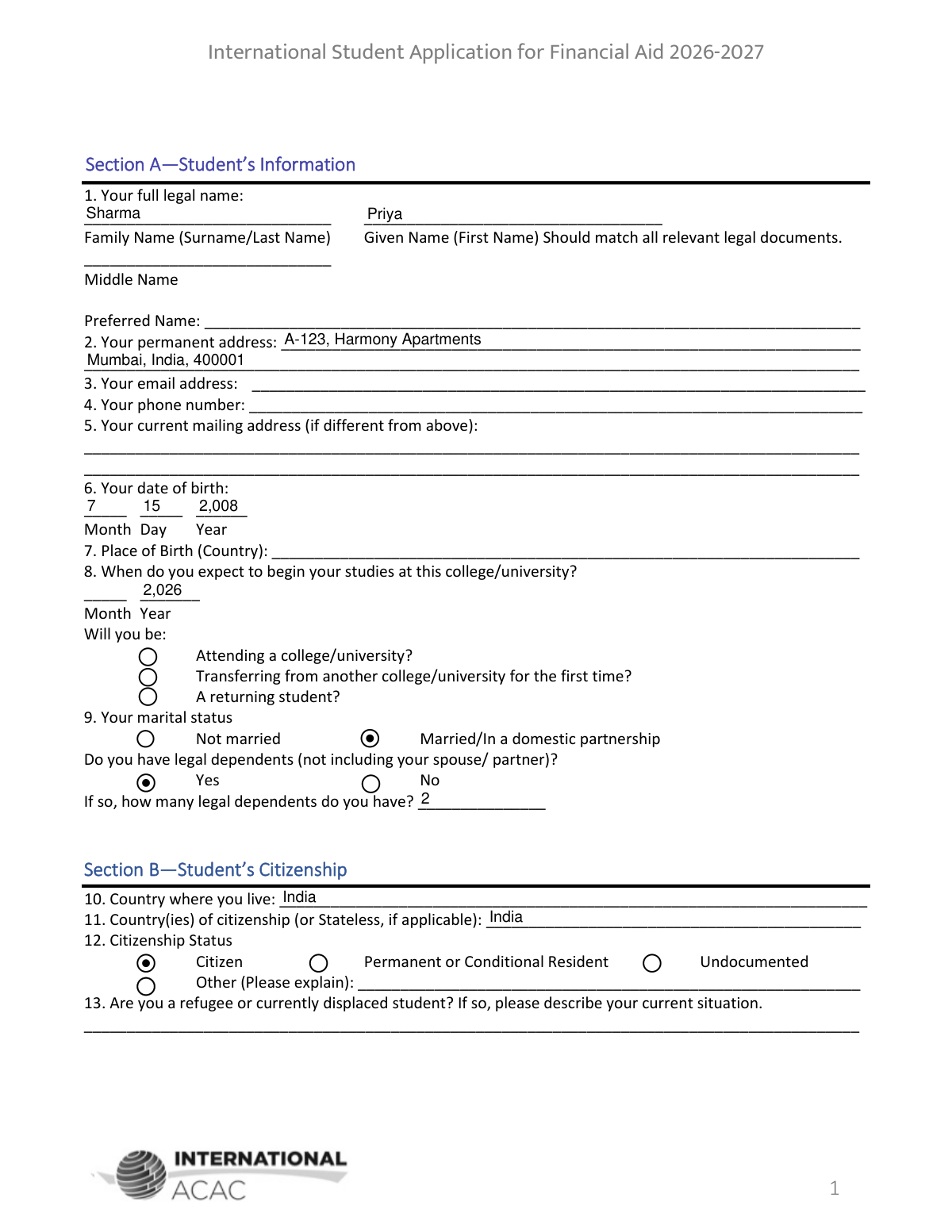 Completed sample of an International Student Application for Financial Aid for the 2026-2027 academic year.