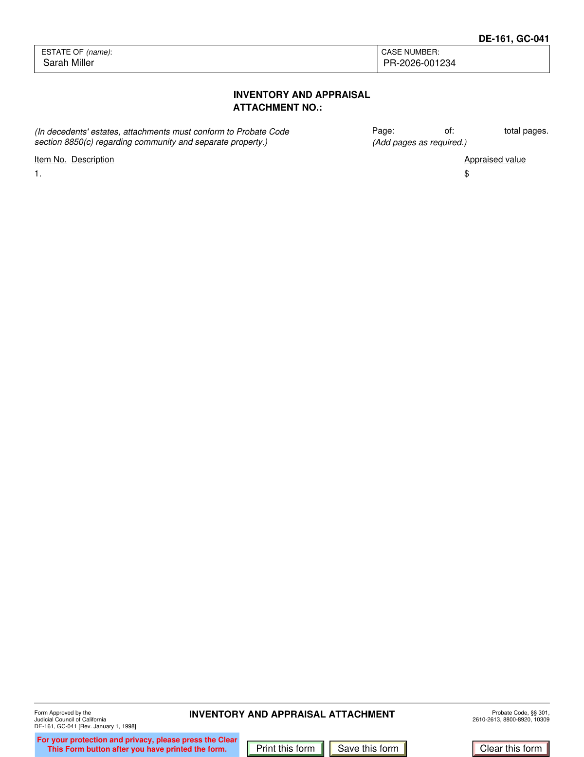 A completed sample of California Form DE-161, Inventory and Appraisal Attachment, showing a list of assets for a decedent's estate.