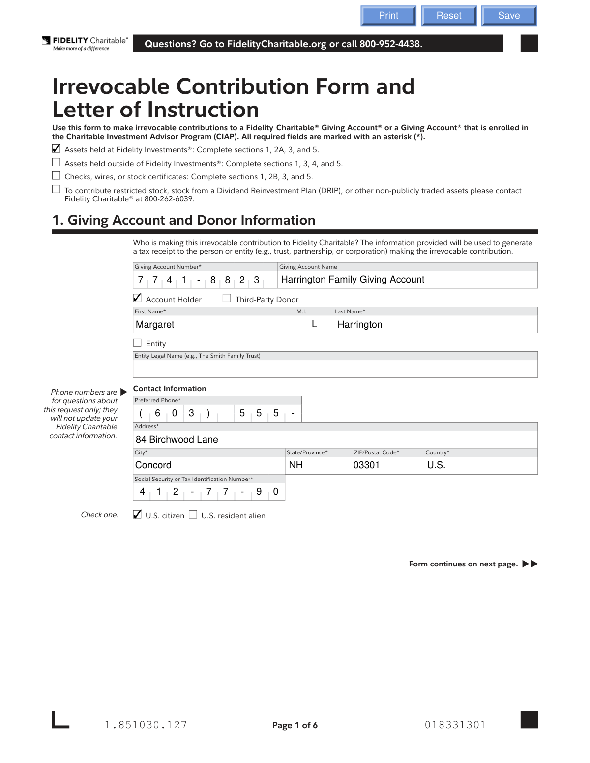 Completed Fidelity Charitable Irrevocable Contribution Form and Letter of Instruction for an appreciated stock donation from a Fidelity brokerage account to a Giving Account