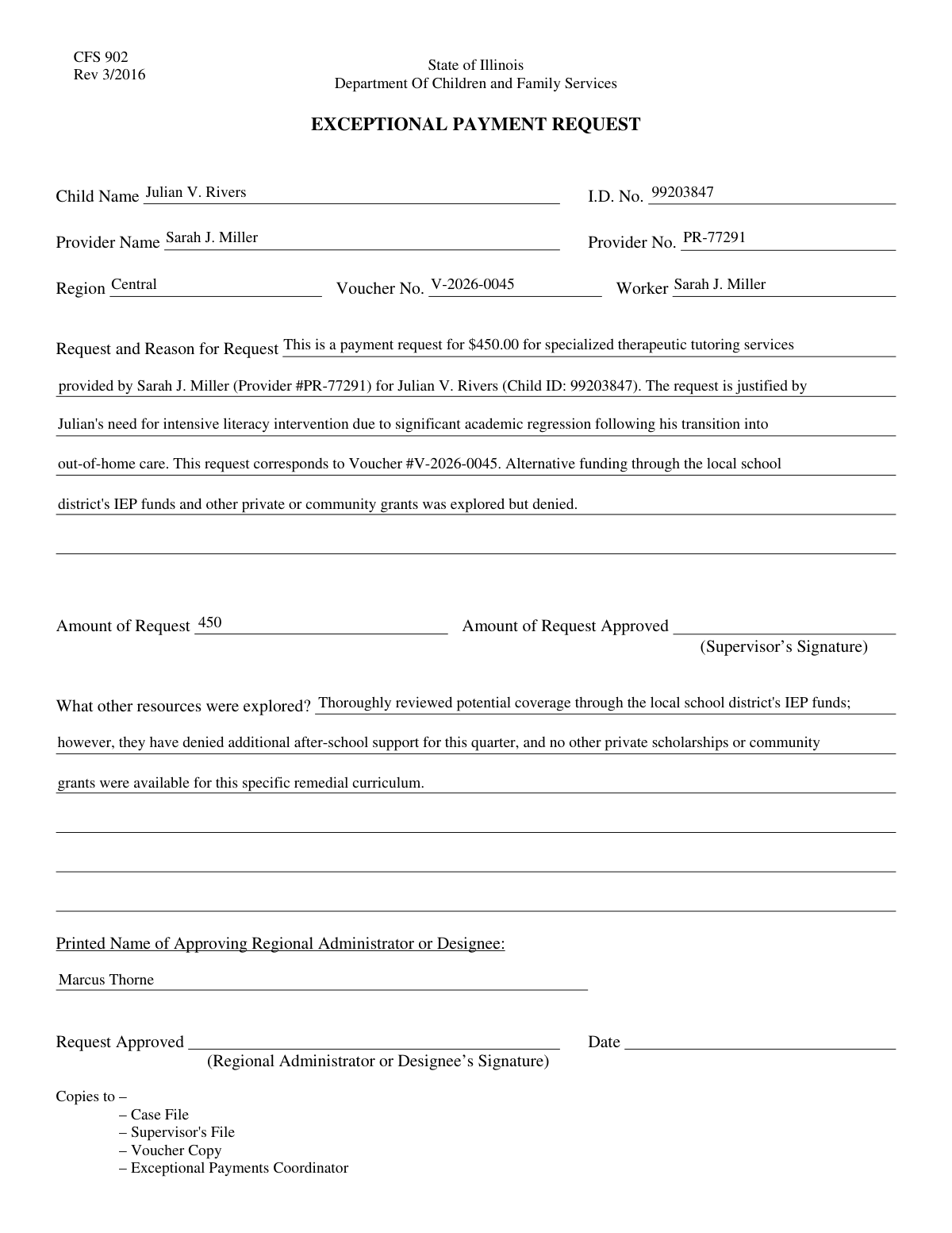 A screenshot showing a filled JFS 01443 form for specialized child care services.