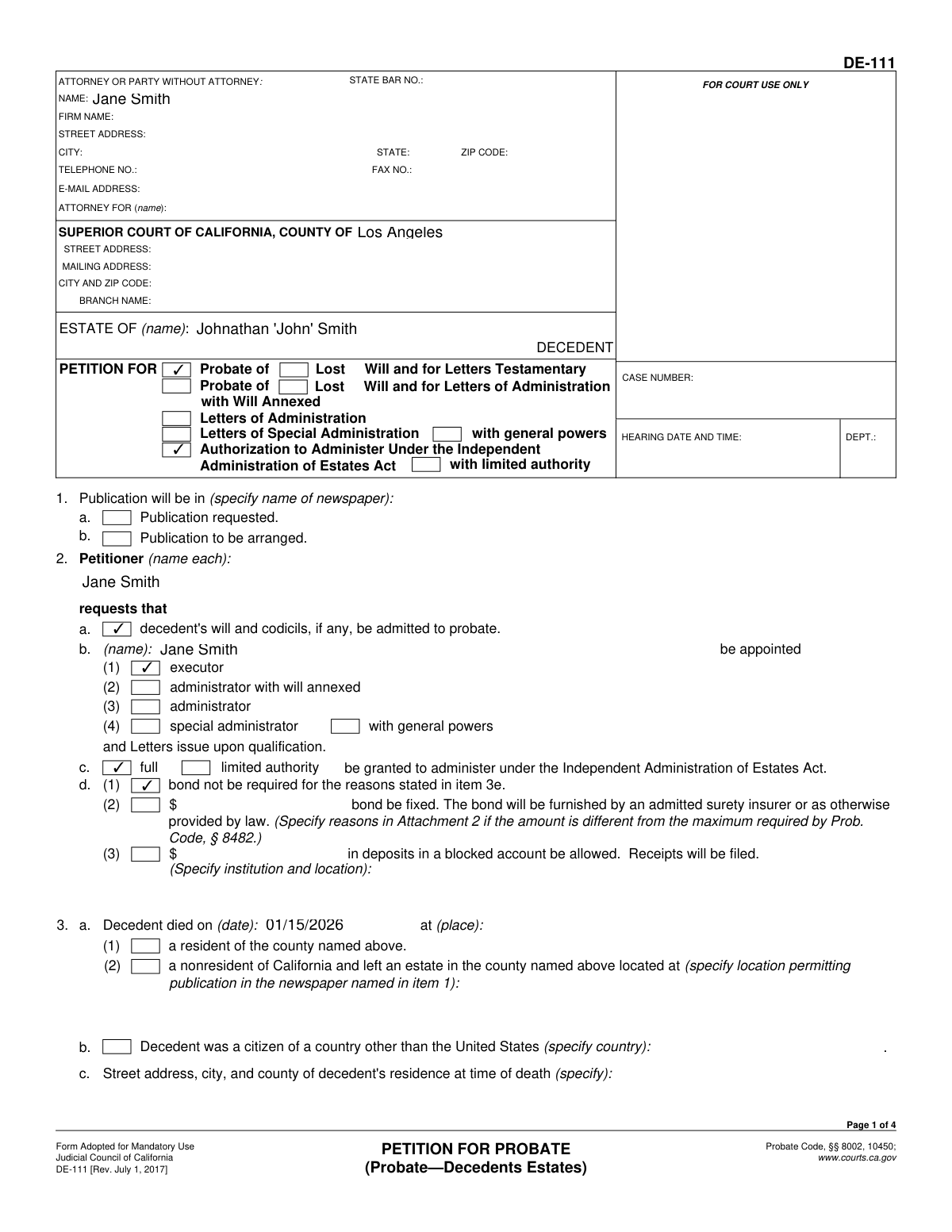 A sample of a completed California Form DE-111, Petition for Probate, showing how to fill out the information for a decedent with a will.