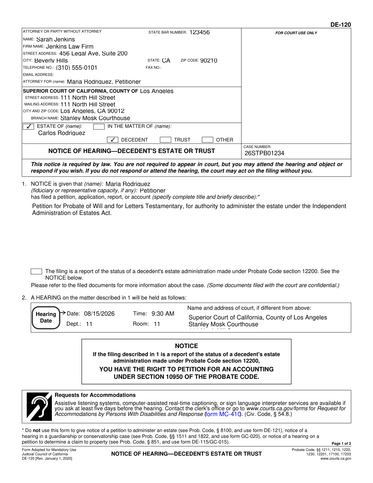 A completed sample of California Form DE-120, Notice of Hearing—Decedent's Estate or Trust, for a petition for probate.