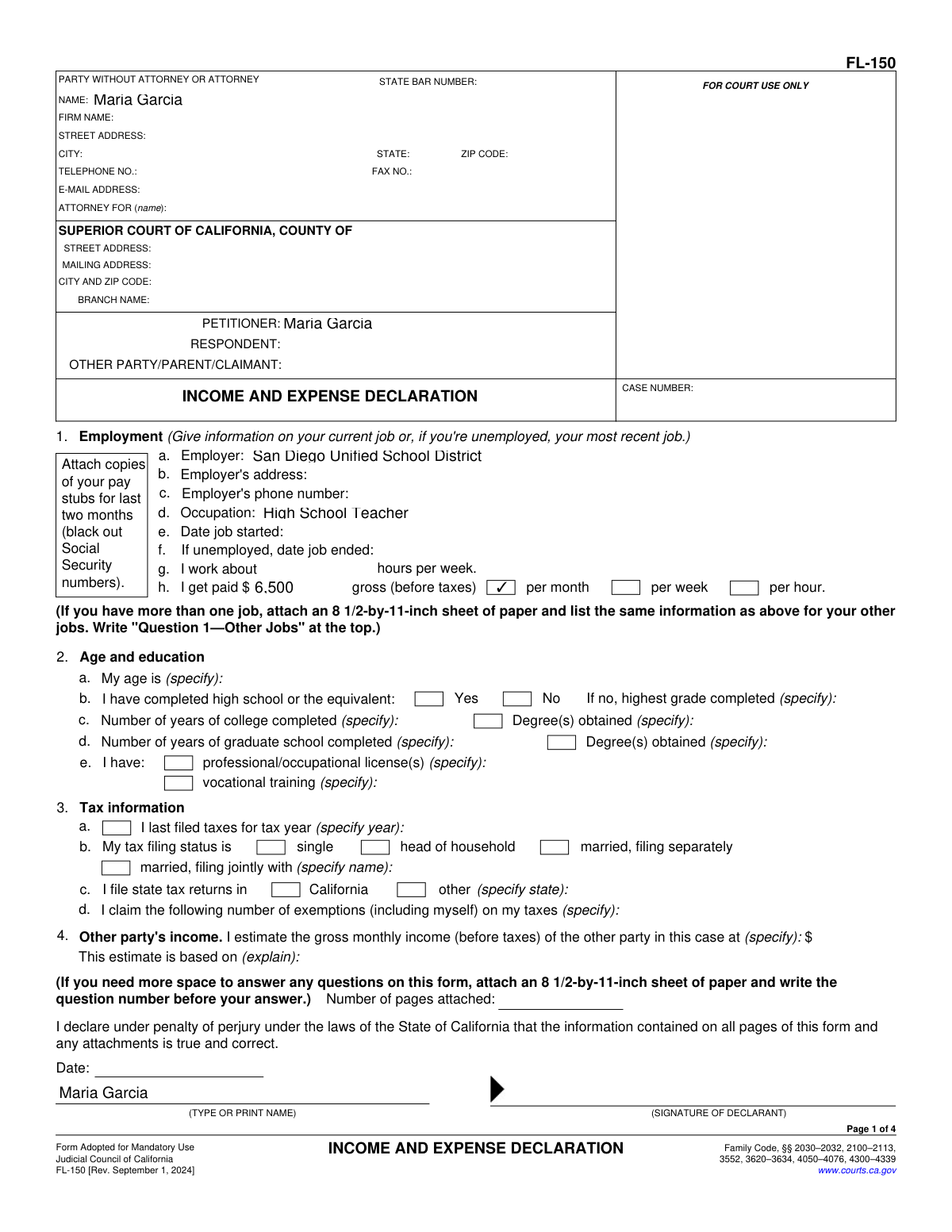 Completed sample of California Form FL-150, Income and Expense Declaration for a salaried employee.