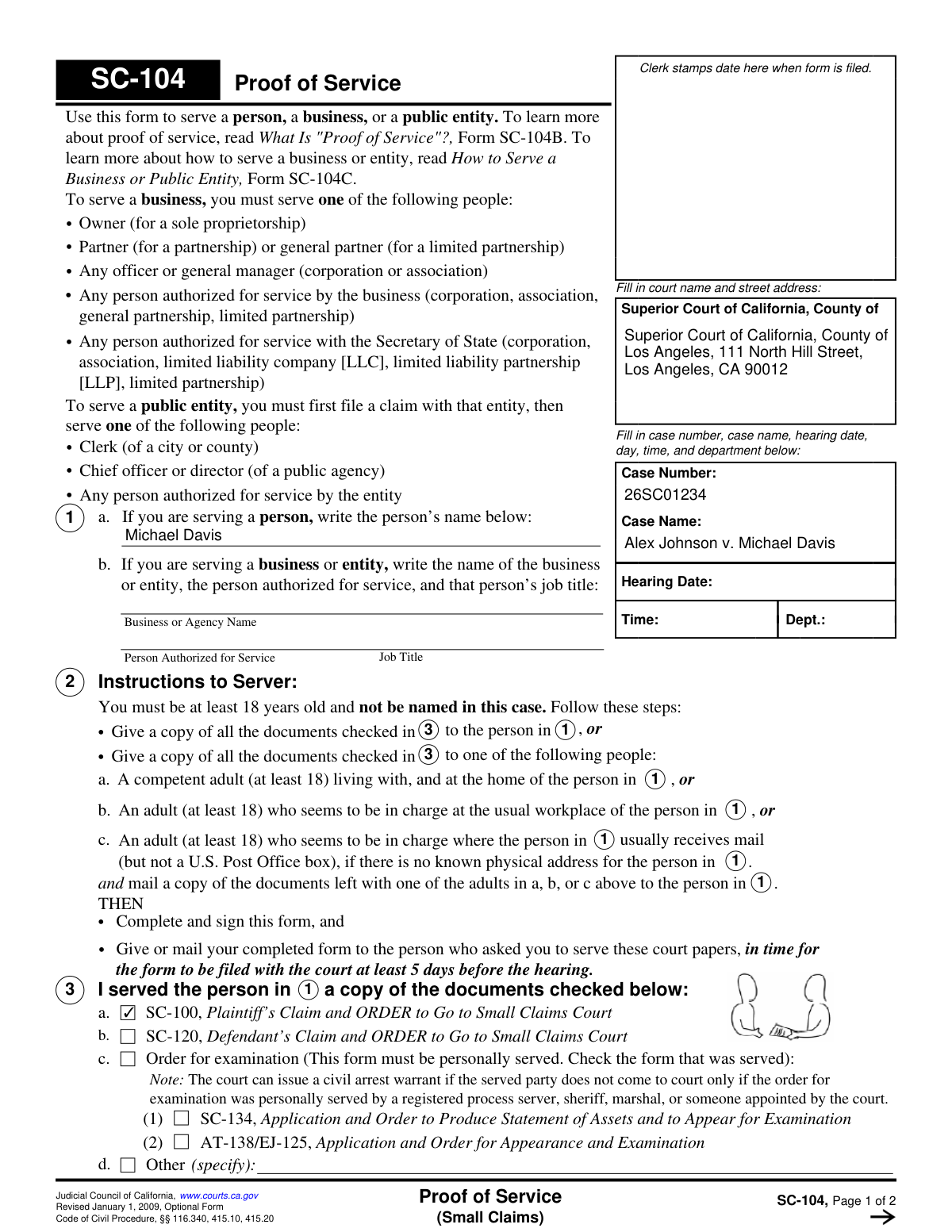 Completed California Form SC-104 Proof of Service for a small claims case demonstrating personal service.