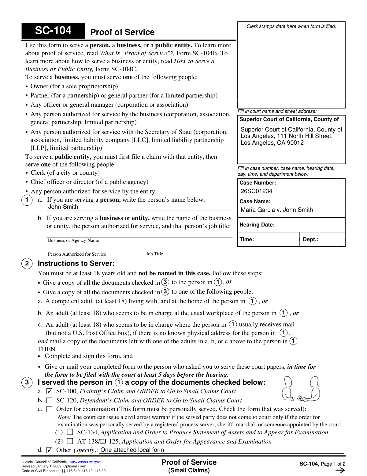 Completed California Form SC-104, Proof of Service (Small Claims), showing how to document personal service on a defendant.