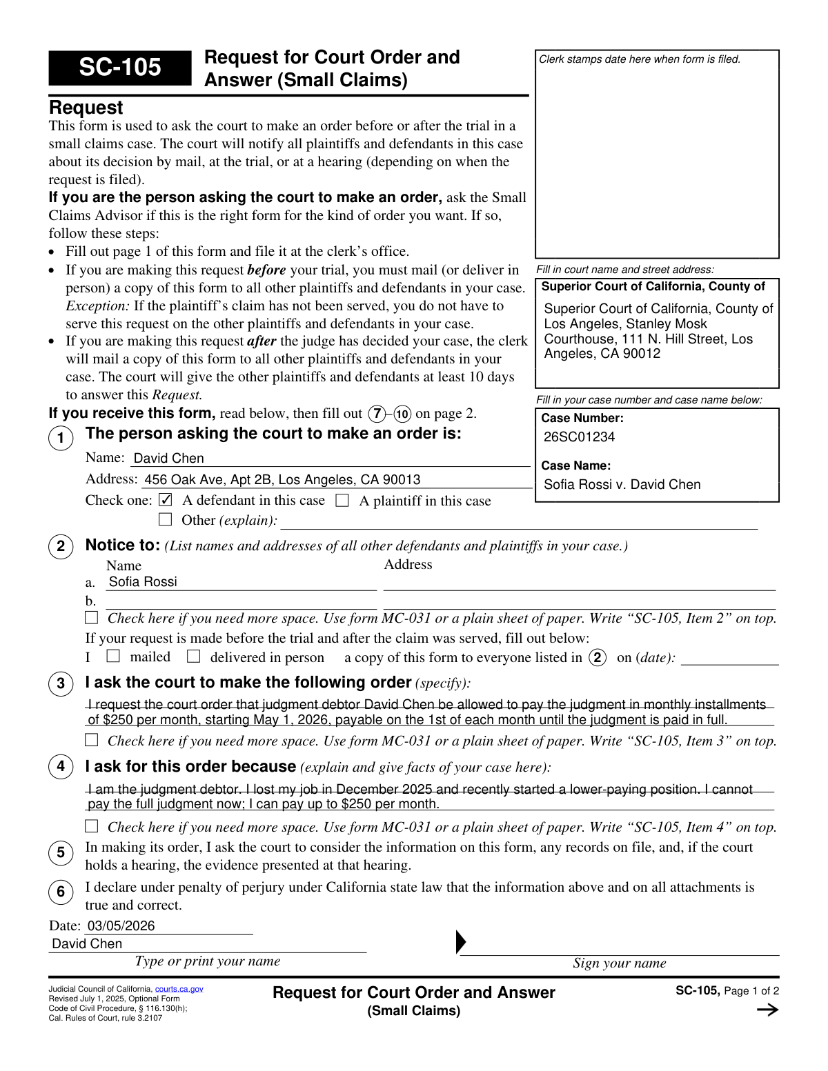 Completed Judicial Council of California Form SC-105 showing a defendant's request to make installment payments on a small claims judgment.