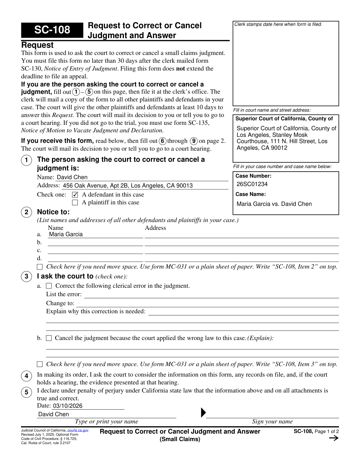 A completed sample of California Form SC-108, where a defendant requests to cancel a small claims judgment due to not being properly served with the lawsuit.