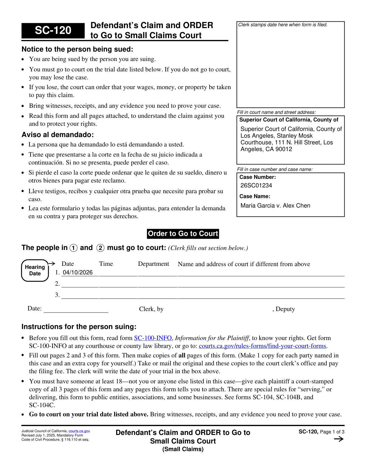 Completed Judicial Council of California Form SC-120 example for a tenant's counterclaim against a landlord for an unreturned security deposit.