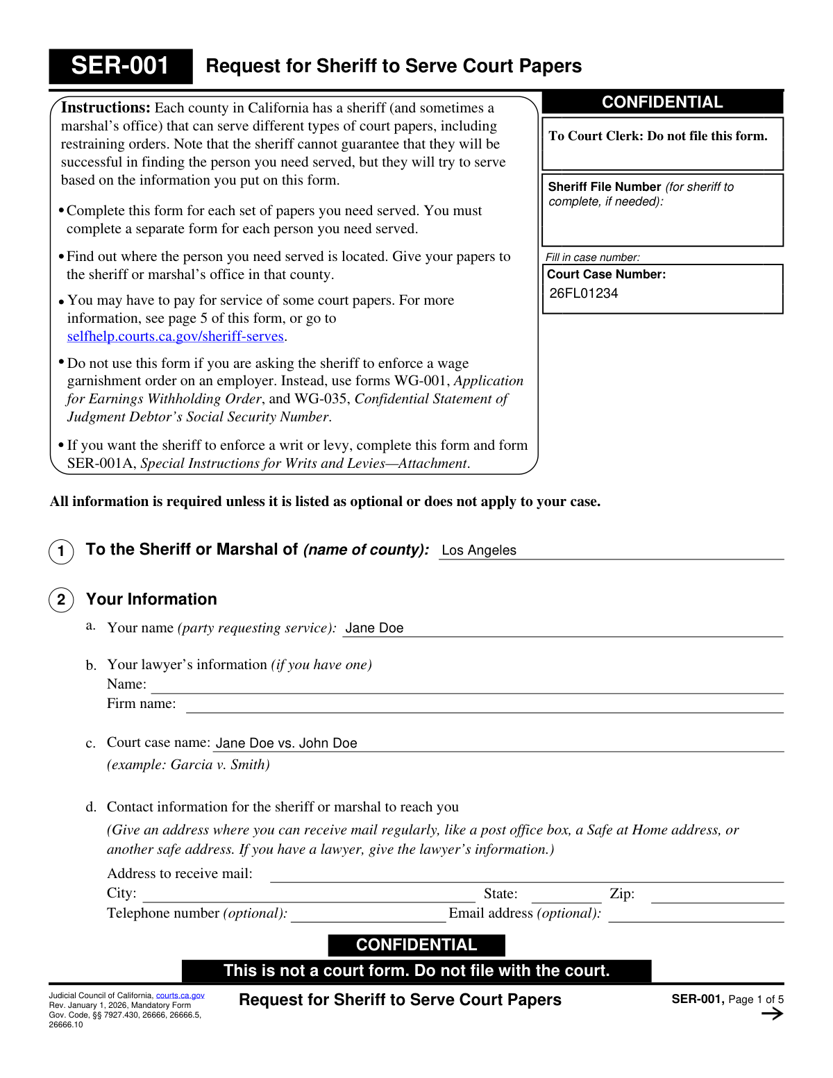 Completed Form SER-001, Request for Sheriff to Serve Court Papers in a California divorce case.