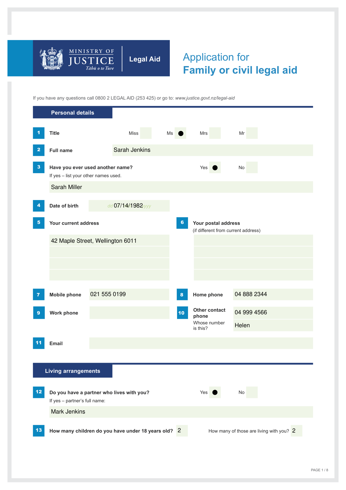 A filled out Legal Aid Financial Eligibility Form showing extracted client details