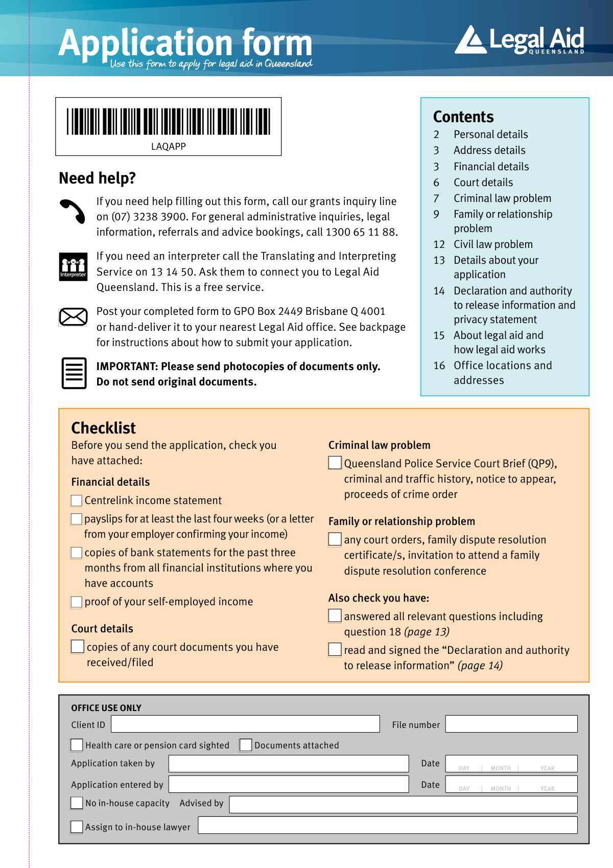 Completed Legal Aid Queensland application form for a domestic violence and family law matter, showing personal, financial, and legal problem details filled.