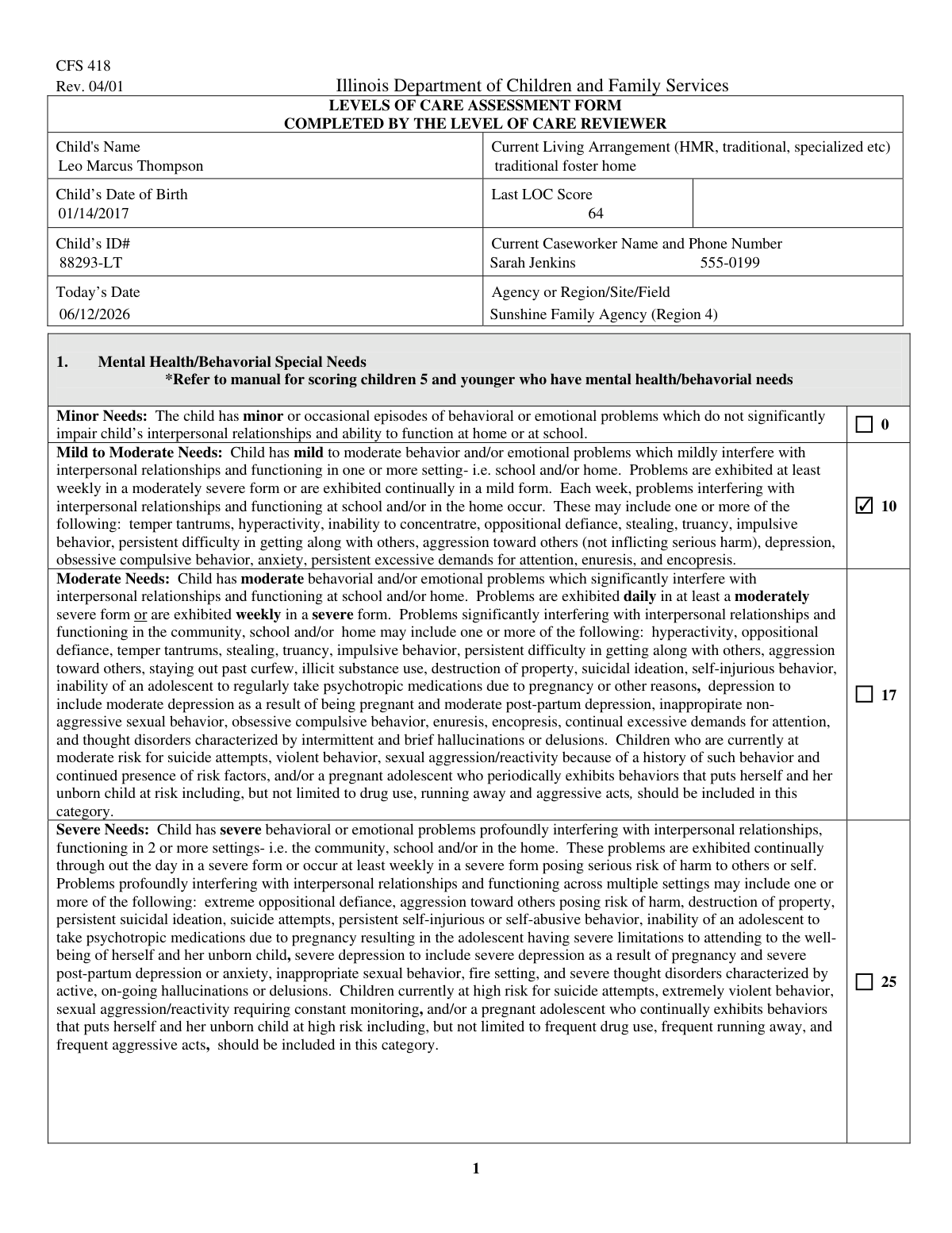 Filled Level of Care Assessment form for foster care placement