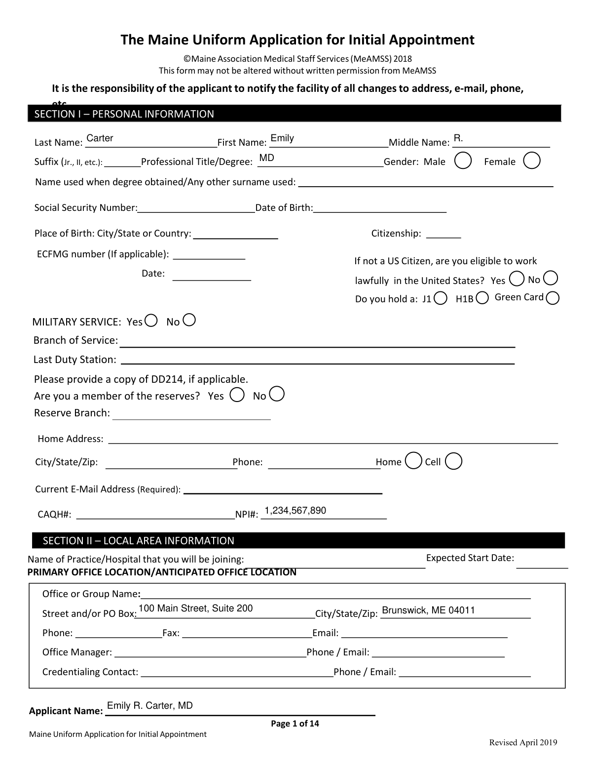 Completed Maine Uniform Application for Initial Appointment for a family medicine physician.