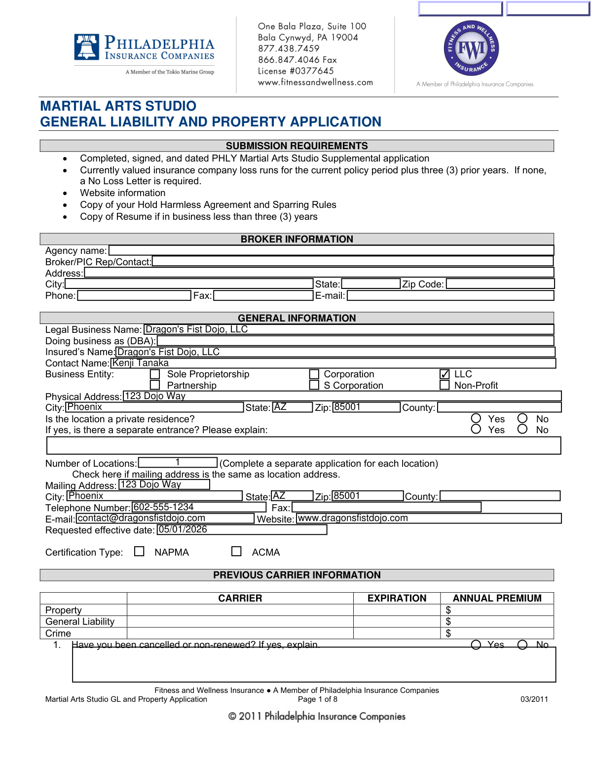 Completed Martial Arts Studio General Liability and Property Application from Philadelphia Insurance Companies