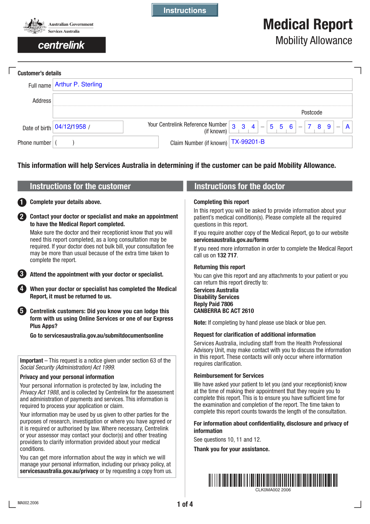 Filled Medical Assessment for Transport Disability form demonstrating AI data extraction