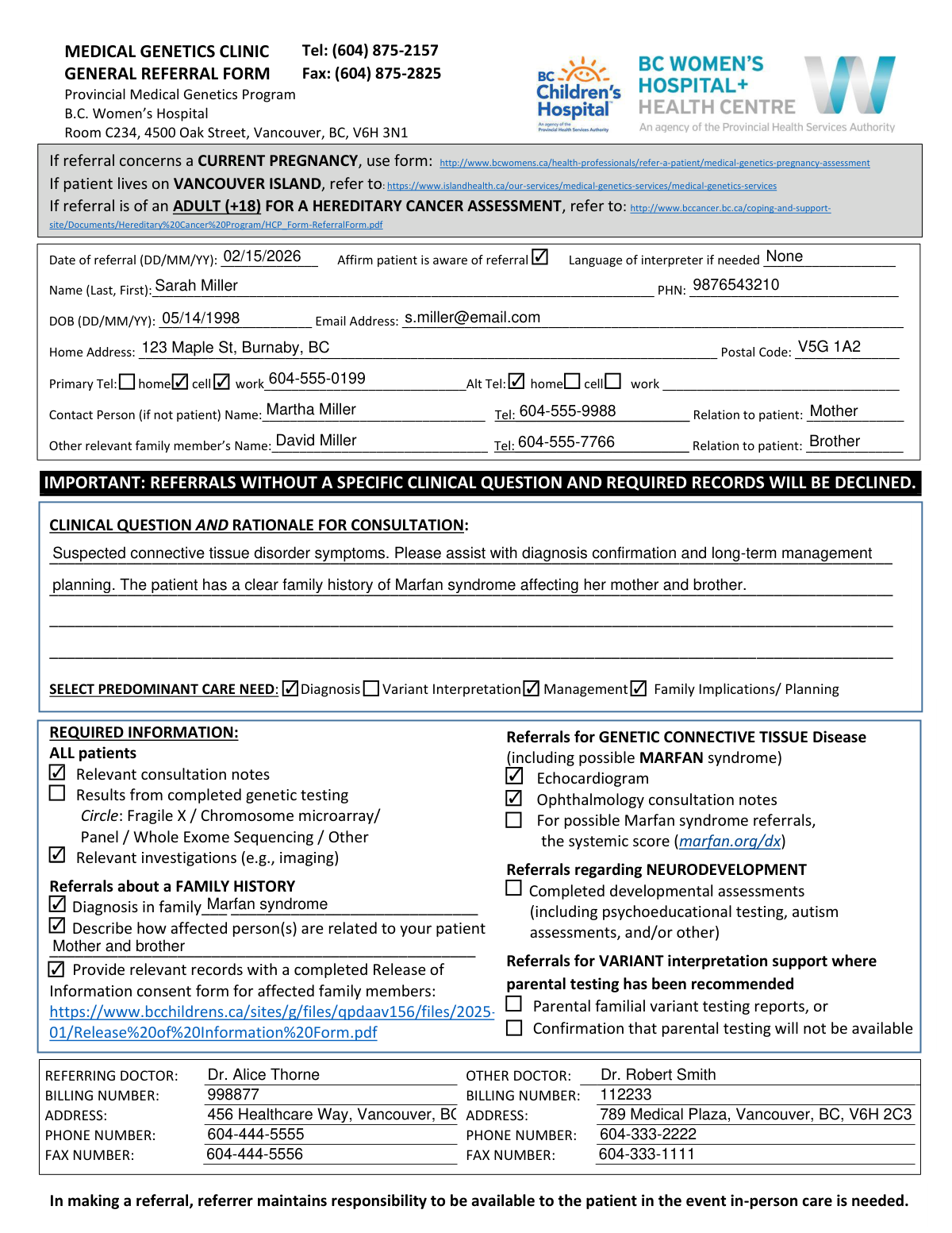 Completed Medical Genetics Clinic General Referral Form for patient Sarah Miller
