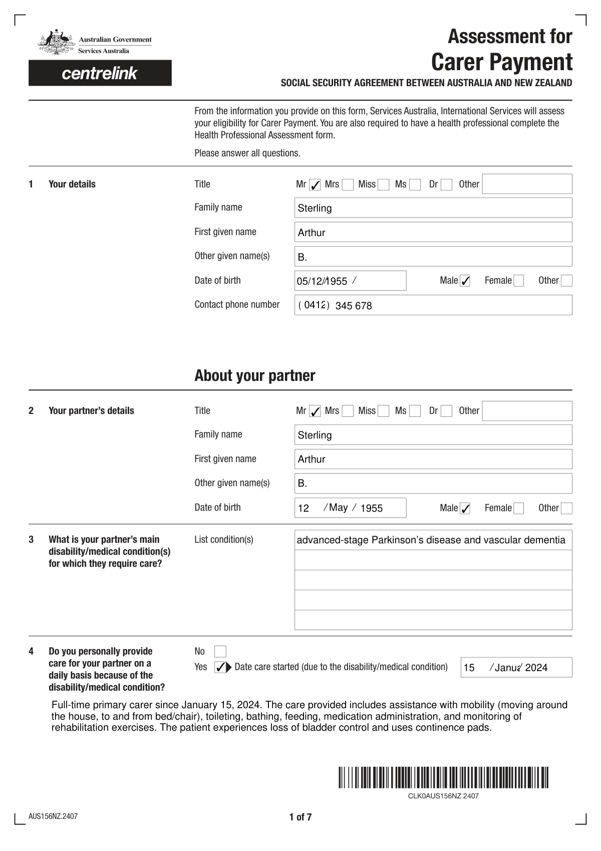 Completed medical report for carer payment showing patient details and care needs.