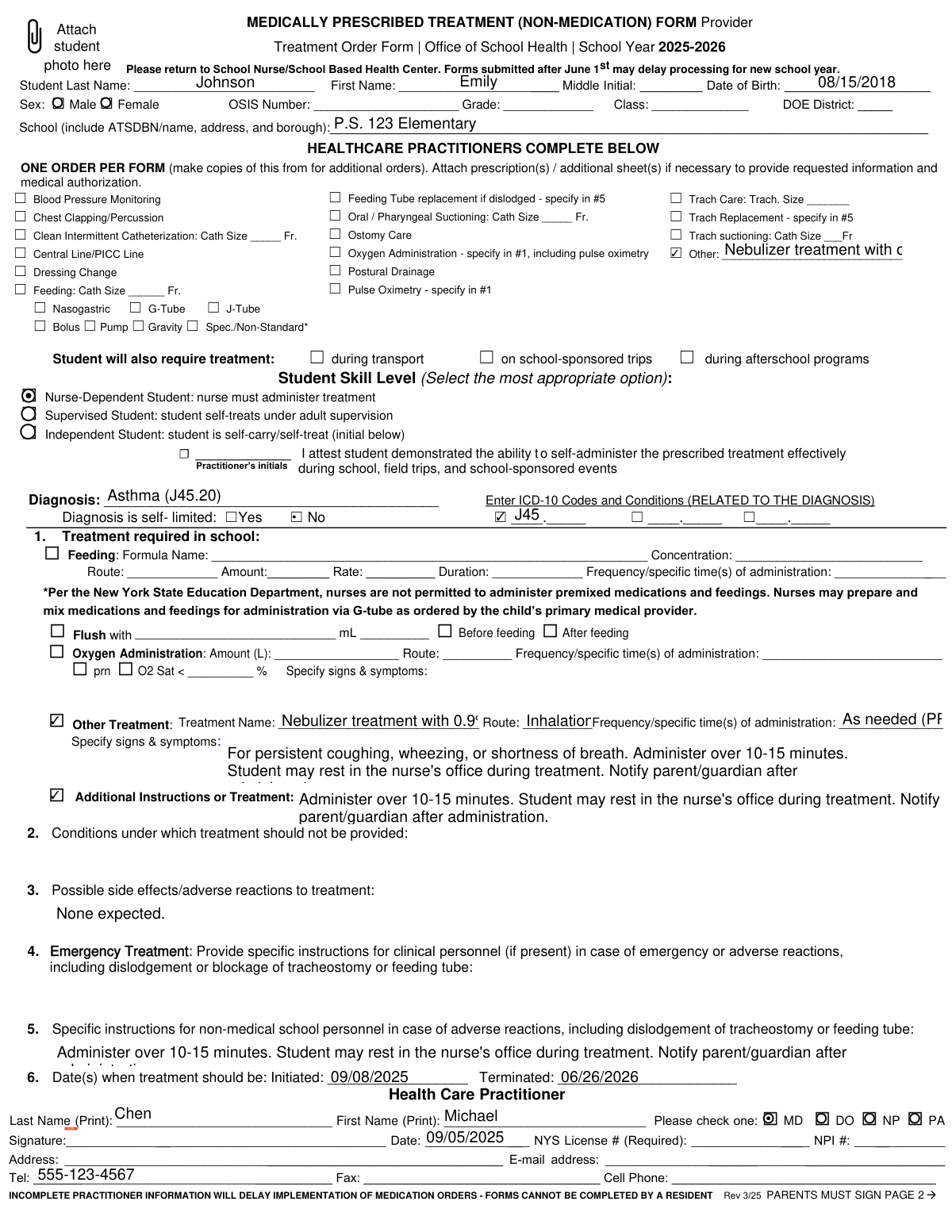 A sample Medically Prescribed Treatment (Non-Medication) Form completed for the 2025-2026 school year, detailing an order for saline nebulizer treatment for a student with asthma.