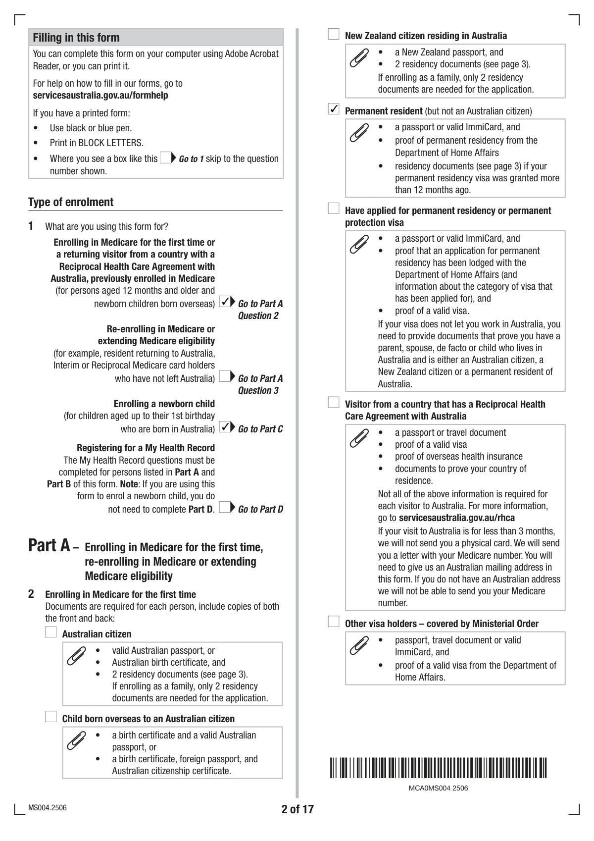 Completed Medicare Enrolment Application form for a new permanent resident family enrolling themselves and their newborn child in Australia.