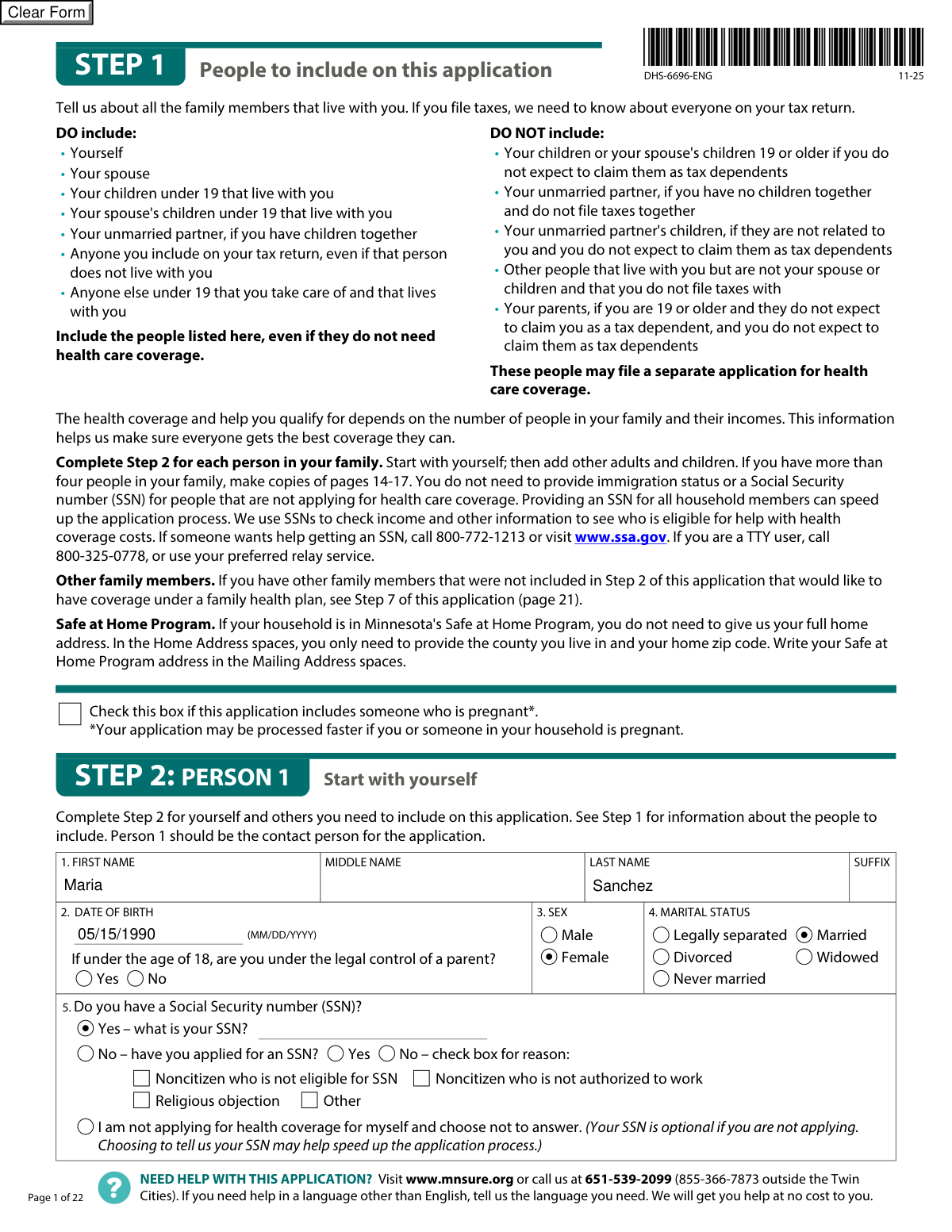 Completed DHS-6696-ENG Minnesota Health Care Programs Application for a family after a job loss.