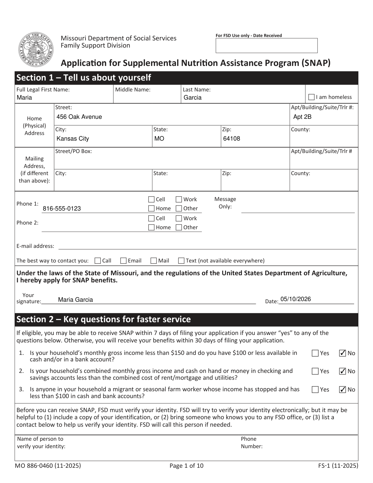 Completed Missouri Department of Social Services SNAP Application Form FS-1 for a single mother with two children.