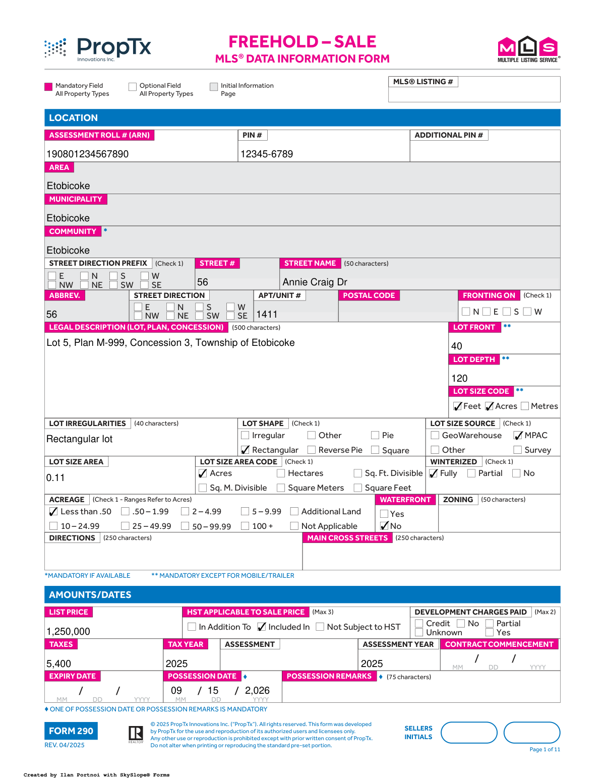 Completed MLS® Data Information Form 290 for a residential freehold property