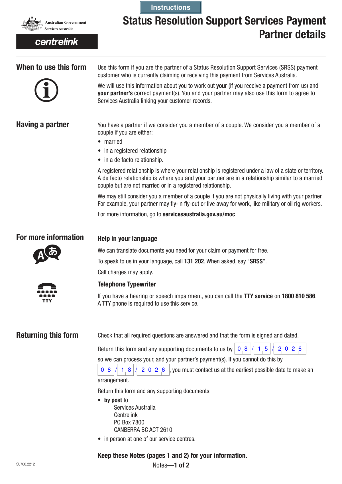 Completed Centrelink Mod P form for partner details