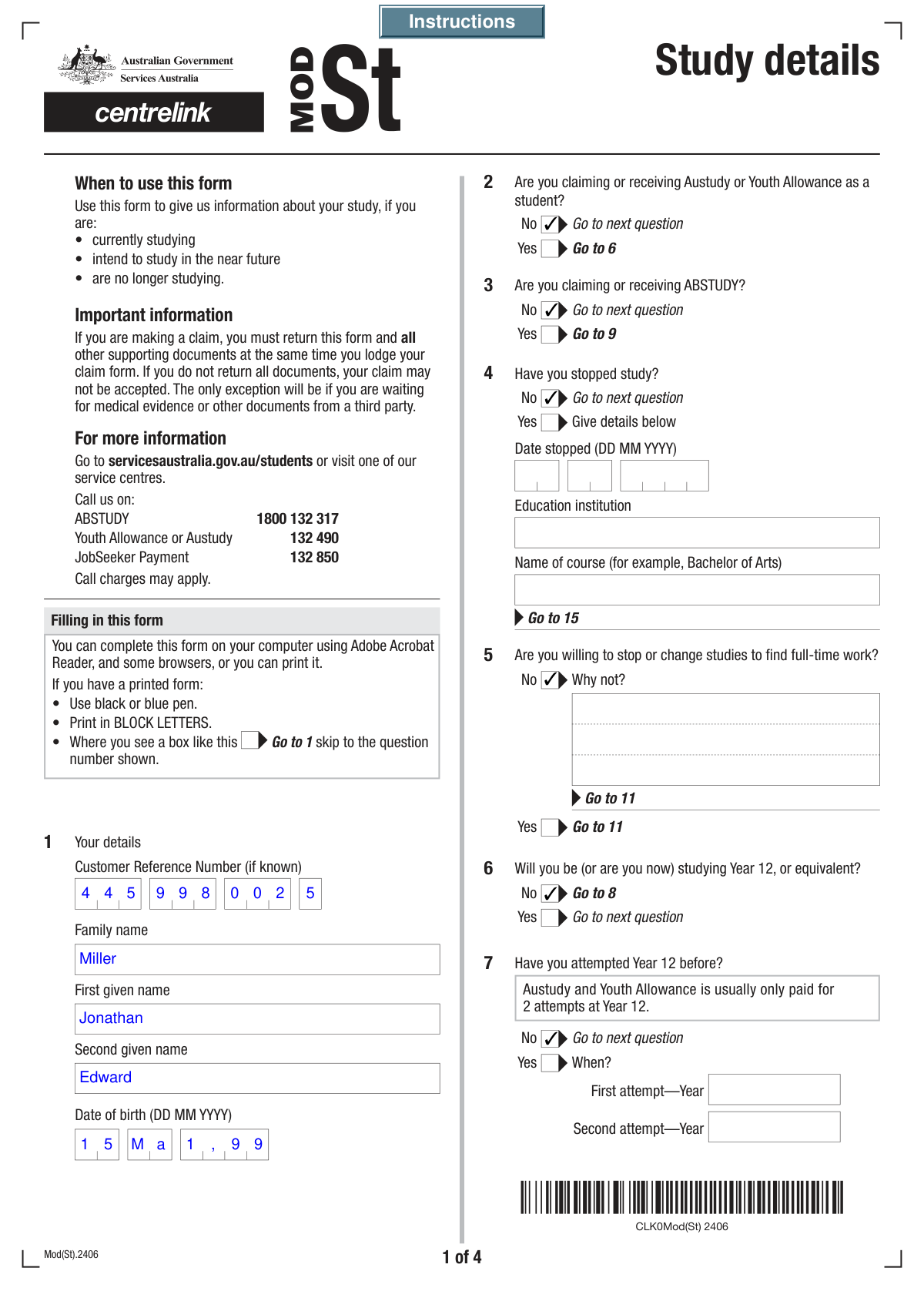 Completed MOD S Details of Study form snippet showing extracted academic and personal information.