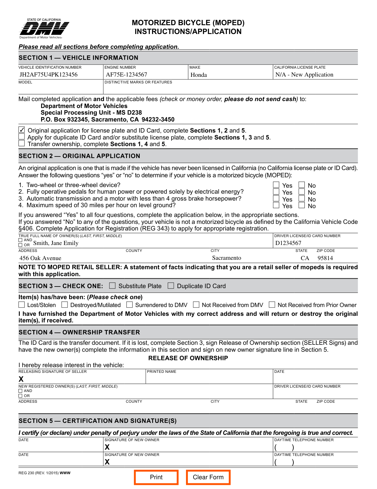 Completed California REG 230 form showing a sample application for a new moped registration.