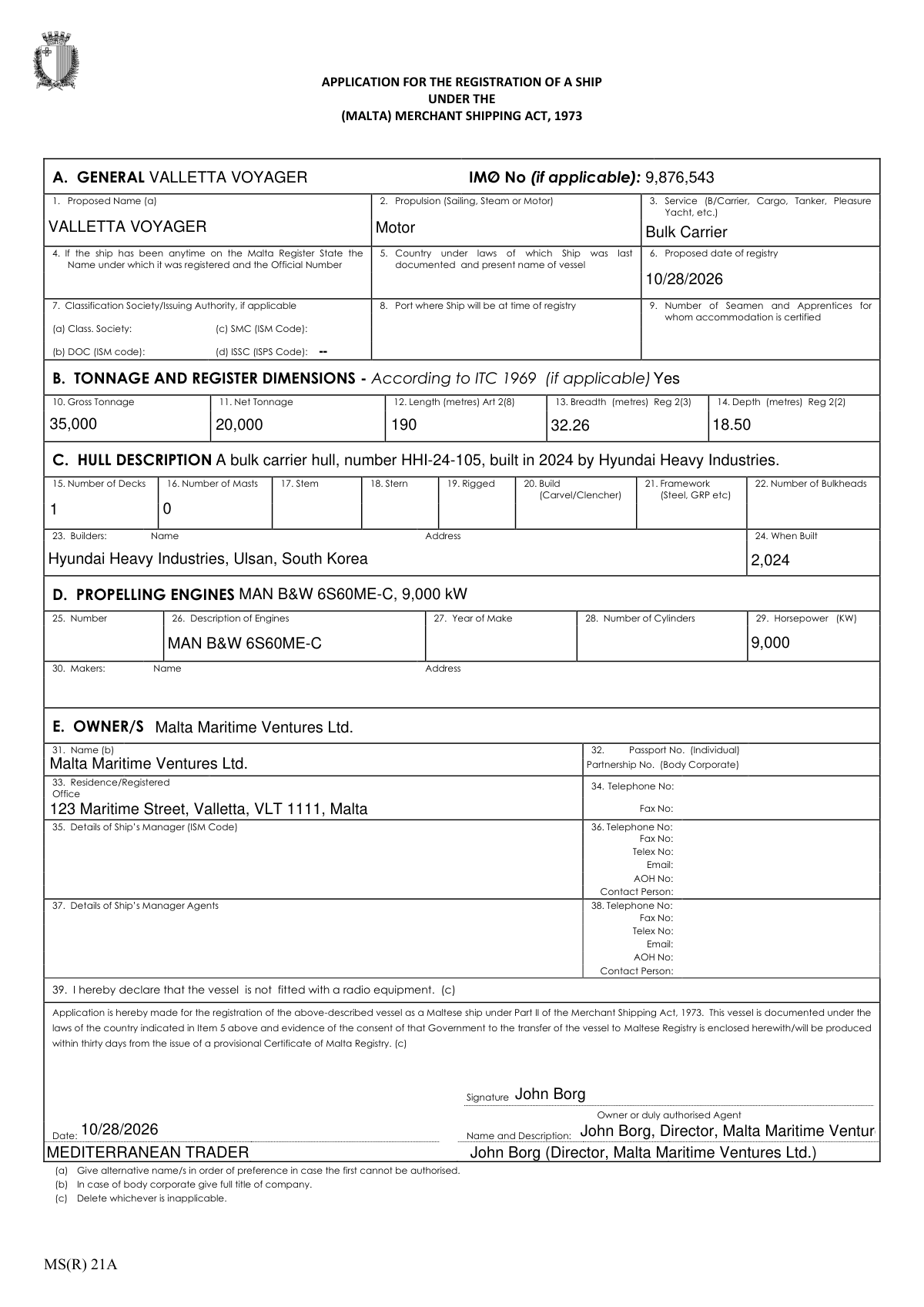 Sample of a completed MS(R) 21A form for the registration of a commercial bulk carrier under the Malta Merchant Shipping Act.