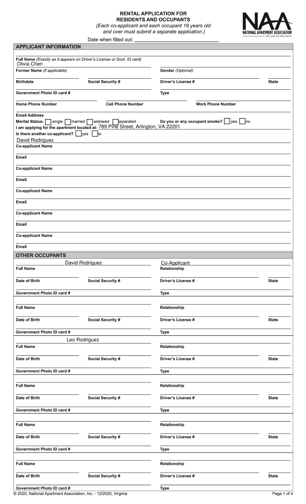Completed National Apartment Association (NAA) Virginia Rental Application with a Supplemental Affordable Housing form for a family.