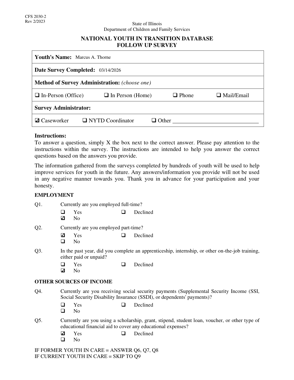 Completed National Youth in Transition Database (NYTD) Youth Outcome Survey form displayed on a dashboard