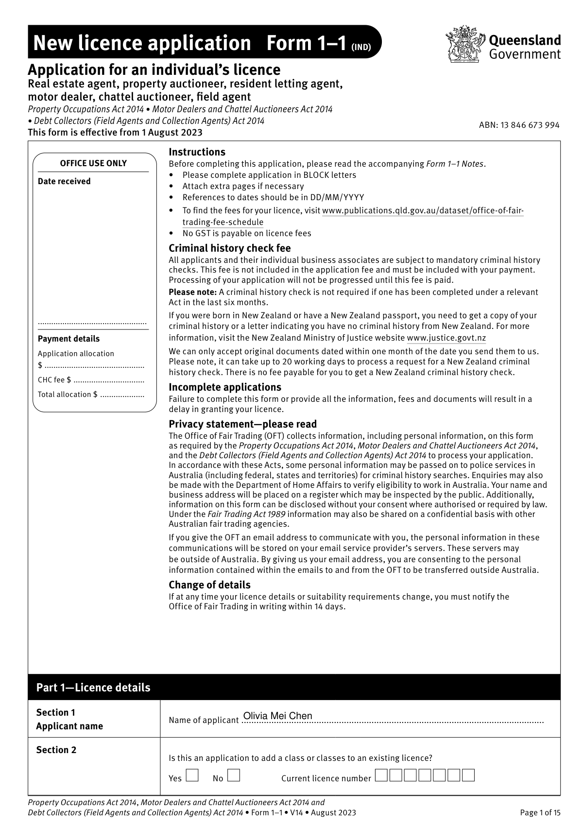 Completed sample of Form 1-1 (IND) for a new Real Estate Agent Licence application in Queensland.