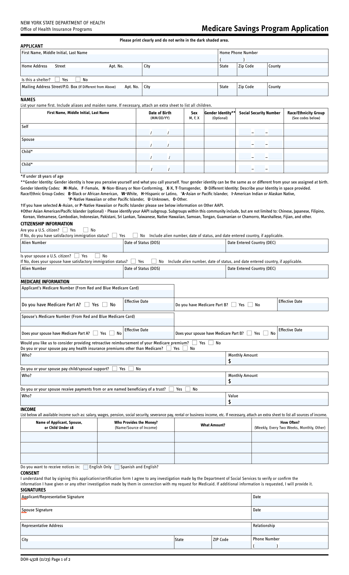 Preview of New York State Department of Health Medicare Savings Program Application
