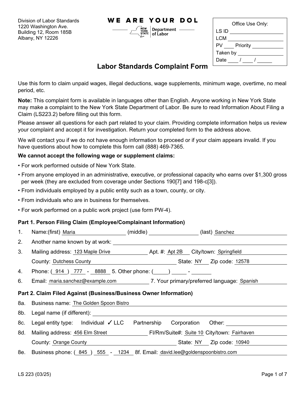 Completed New York State Department of Labor, Division of Labor Standards Complaint Form (LS 223) for unpaid wages and overtime.