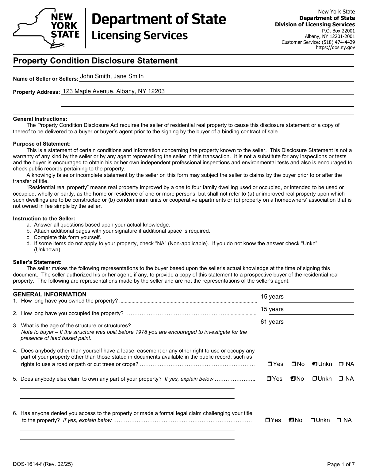 Completed NYS Property Condition Disclosure Statement (DOS-1614-f) for a single-family home sale in 2026.