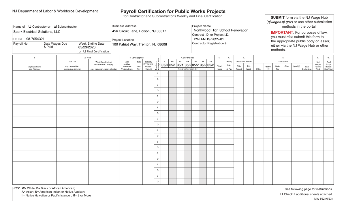 Completed NJ Form MW-562 for a subcontractor's weekly payroll certification on a public works project.